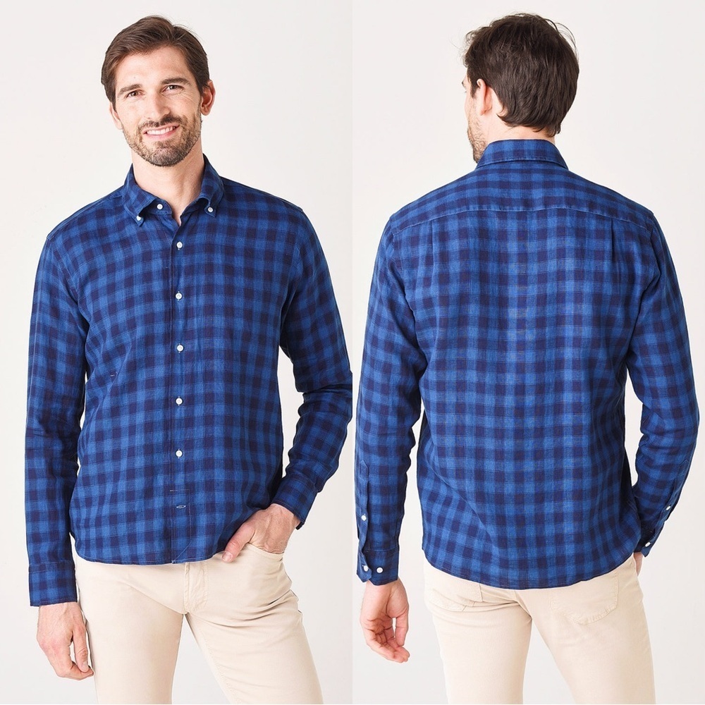 Peter Millar 100% Linen Riva Washed Indigo Check Tailored Fit Sport Shirt XL